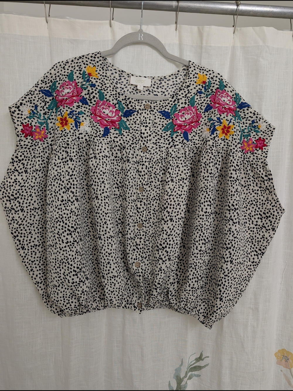 Oddy Embroidered Floral Peasant Top Women’s Medium Dalmatian Print Boho